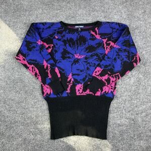 Directions Sweater Womens M Black Pink Blue Skull Print Retro Pullover Knit